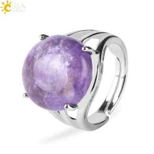 Crystal Ring for Women Amethyst Bead Band Silver Tone Quartz Stone Jewelry