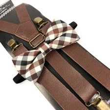 Plaid Pattern Bow Tie Brown Leather Suspender Tuxedo Wedding Accessories for Men