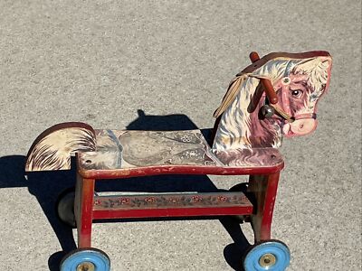  Vintage GONG BELL Circus Horse Ride On Toy Wood Metal Wheels Original Works