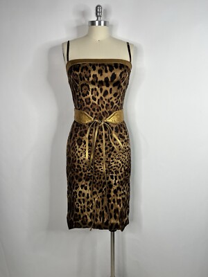 Vtg Dolce Gabbana Brown Leopard Print Silk Dress 44 L