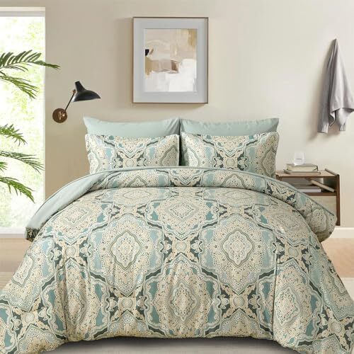 Comforter Set Size,7 Pieces Bed in a Bag Boho Damask Pattern Queen Green-image