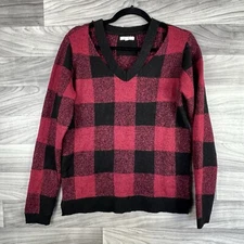 Maurices Sweater Womens Small Red & Black Buffalo Check Plaid Fuzzy V-Neck Cozy