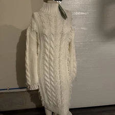 Farm Rio Off-White Braided Midi Sweater Dress Size S Cable Knit Fringe