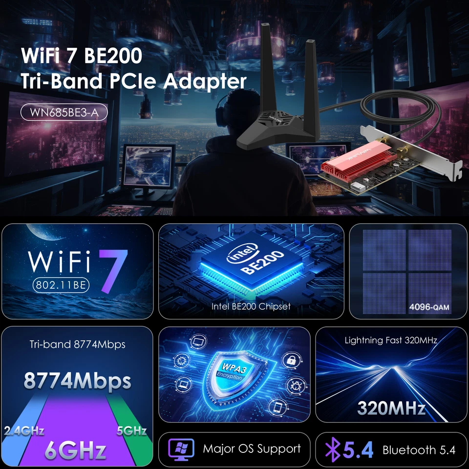 BE8800 WiFi 7 PCIe Network Card Tri-Band BE200 Wireless Bluetooth5.4 Adapter - image 2 of 4