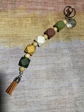 HEXAGON Wood Beaded Key Chain, With Tassel Clasp/Handmade NEW