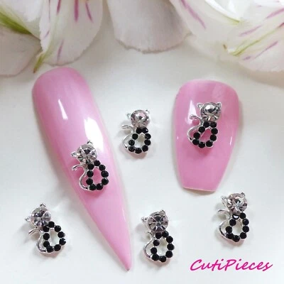 NAIL DECORATION 3D Nail Art Halloween *Diamanté Black Silver Rhinestone Cats* Alloy Metal Craft