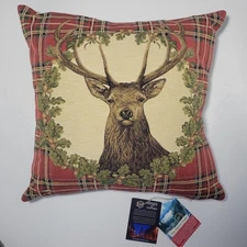 HINES OF OXFORD Stag Red Tartan Tapestry Pillow 18” x 18” NWT