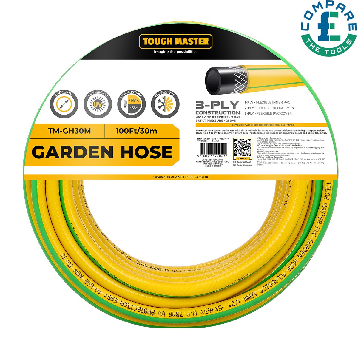 TOUGH MASTER Garden Hose 30m 100ft Reinforced Watering Hosepipe UV Resistant
