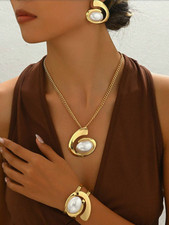 Necklace Earring Bracelet Pearl Jewelry Set Gold Wedding Prom Pageant