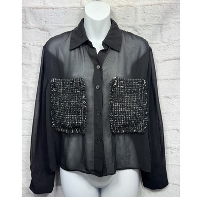 Zara Chiffon Bluse schwarz Gr. M 14 transparent gewebte Taschen dunkel akademisch romantisch