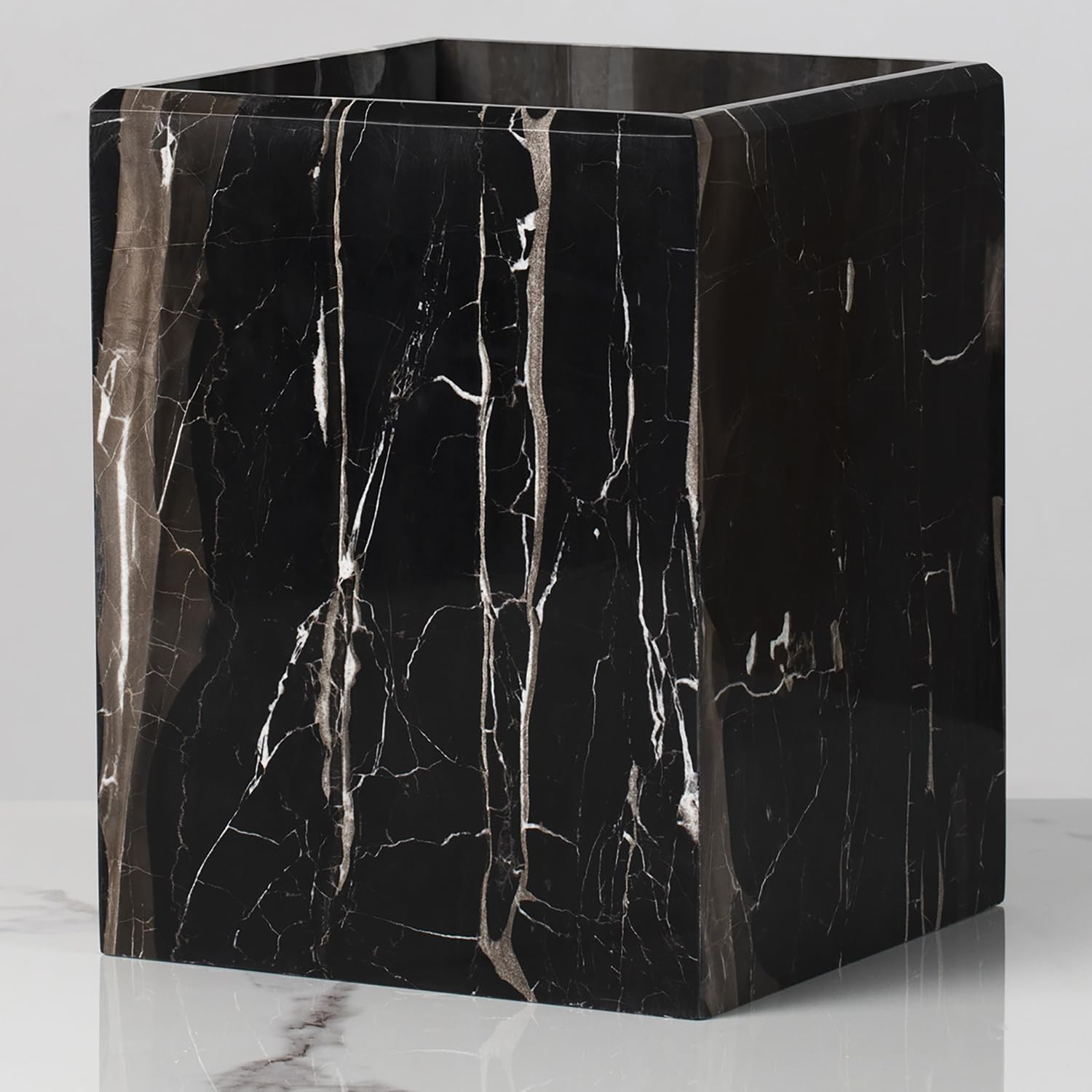 Natural Polished Black Marble Wastebasket, Elegant White& Black Trash Can, Lu...