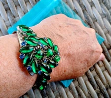 Vintage Unsigned Alice Caviness Blue & Green Rhinestone Glass Clamper Bracelet