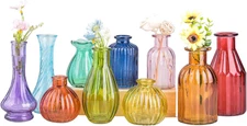 Set of 10 Colorful Bud Vases - Assorted Small Vintage Style Glass Flower Vases