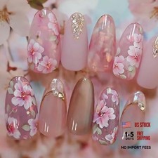 Press on Nails Medium Almond Shape-Glossy Full Cover Pink Floral and Rhinestone