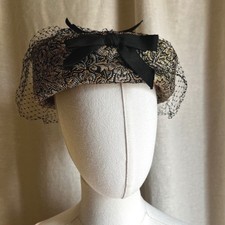 Vintage Metallic Brocade Cocktail Hat w/ Veil Bow Fascinator Black Gold