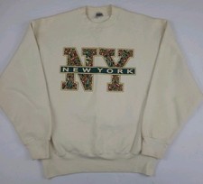 Vintage 90s NY New York Artwork Print Sweatshirt Cream Multicolor USA Made Worn
