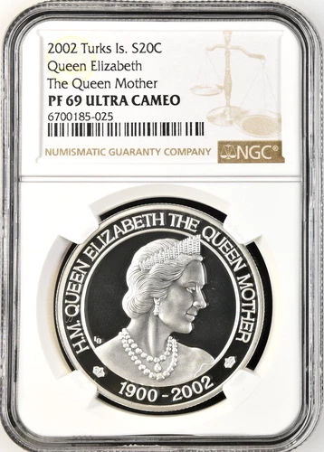 2002 Turks Islands 20 Crowns Queen Elizabeth The Queen Mother Silver NGC PF69 UC