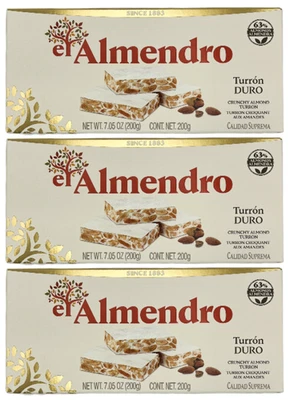 El Almendro Crunchy Almond Turron (PACK of 3, 7.05oz Each Bar)