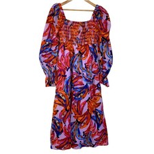 Farm Rio Colorful Bananas Puff Long Sleeve Smocked Maxi Dress Red Purple Small