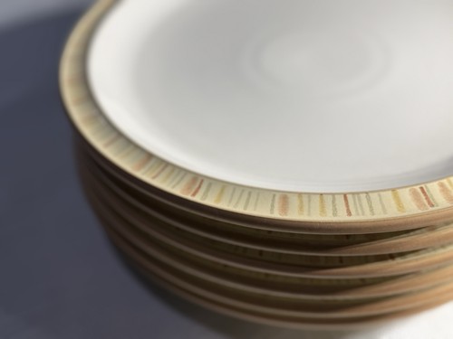 Denby England Caramel Stripes Rare Set of 5 Dinner Plates 10.5” Stoneware EUC