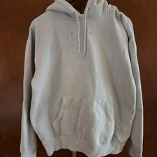 Glossier Hoodie Mens Large Embroidered  Gray Soho Sweatshirt Pullover Comfort