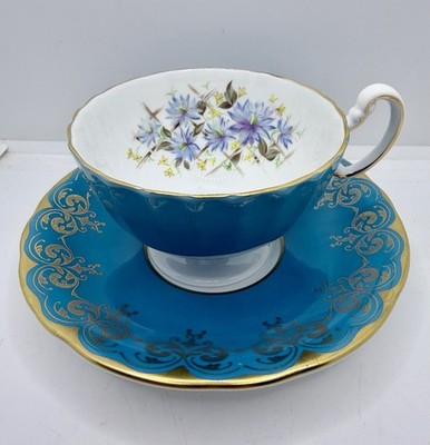 Aynsley Fine Bone China Turquoise Blue Tea Cup and Saucer Set Floral Gold Trim