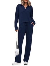 Womens Sweatsuits 2 piece Set Lapel Half Zip Lightweight Small Navy Blue