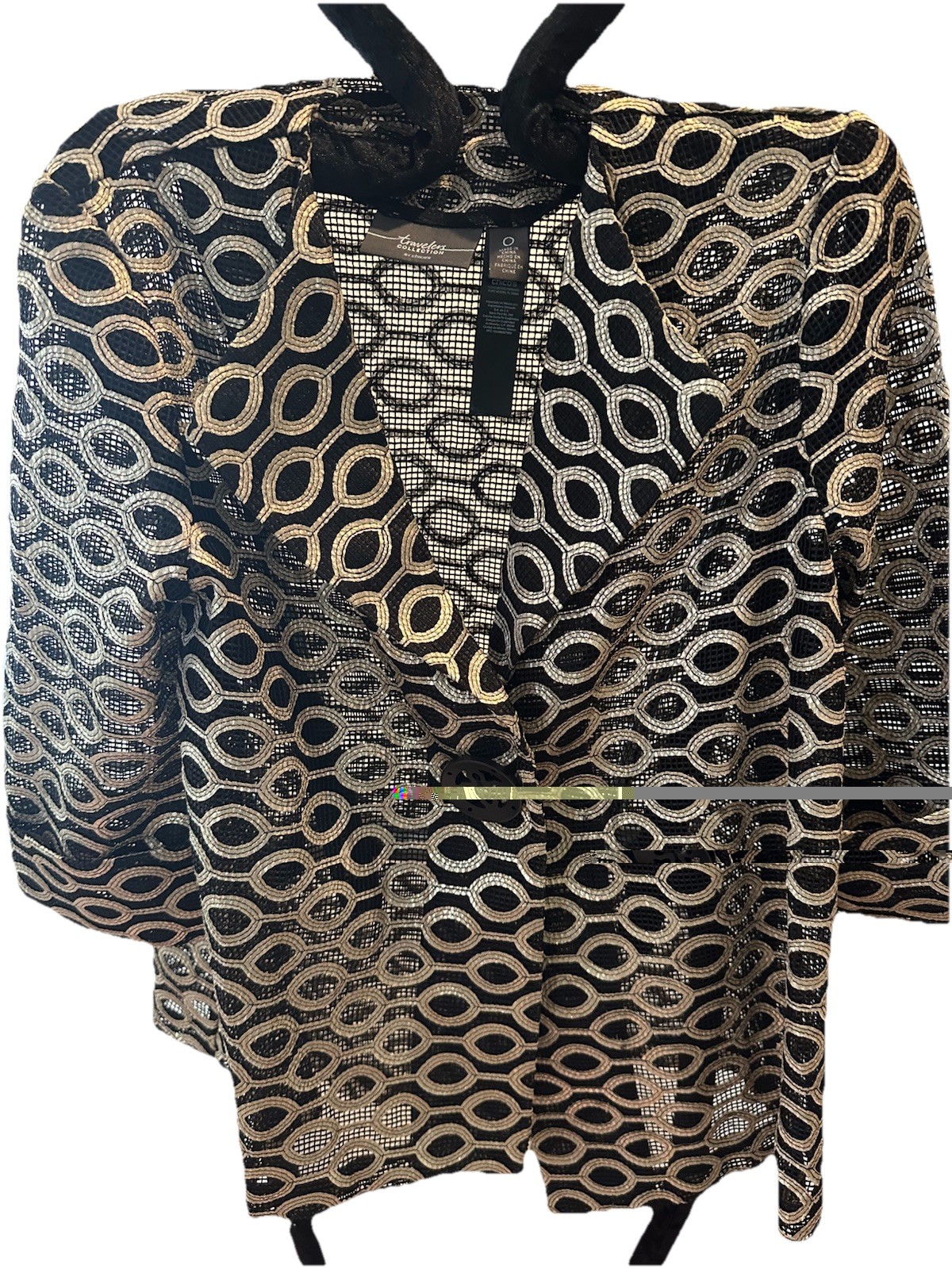 Chicos Travelers Collection Gold & Black Mesh Like dressy Jacket sz 0 4/6