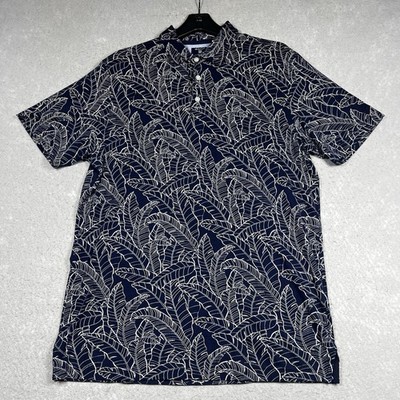 GANT Polo Shirt Men s Large Navy Blue White Floral Leaf Print Slim Fit