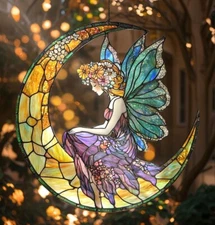 2D Fairy Flower Acrylic Window Hanging, Moon Stained Glass Spring Decor Gift