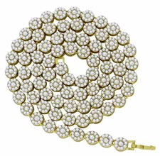 Mens 1 Row Cluster Chain 14k Gold Plated Iced Cz Flower Necklace Hip Hop Jewelry