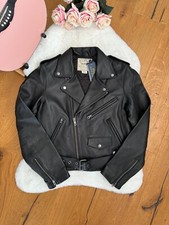 Polo Ralph Lauren Leather Jacket Biker Moto Black Sheepskin Belted Zip Size L