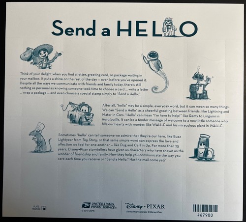 Send Un Hello Disney/Pixar #467900 2010 Completo Foglio 20 Francobolli - Foto 2 di 2