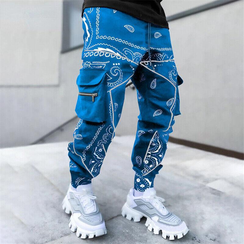 Cargo Pants Sweatpants Zip Pocket Men Pants Bandana Pattern