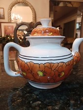 Mexican tea pot Juan P. Guerrero B.Dolores Hgo. gsto Hand made,  orange flowers