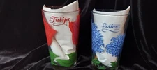 2 Vintage Boscul Peanut Butter Glass Tumblers Flowers Tulips & Asters 5”
