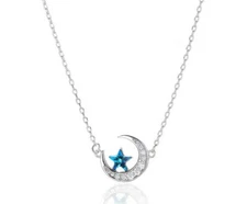 Sterling Silver Crescent Moon Star Cubic Zirconia Pendant Necklace Gift Box PE32