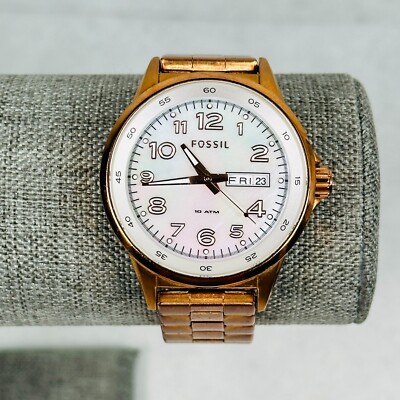Fossil Watch Womens 38mm Day Date MOP Dial Rose Gold Tone Maddox New Battery 7''