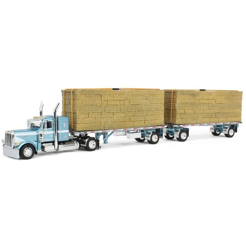 1/64 Blue Peterbilt 389 36in Flattop w/ Dual Flatbeds & Hay Load DCP 60 ...