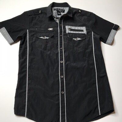 Men s G-Net Short Sleeve Black and White Button Up Shirt Size Small Epaulettes