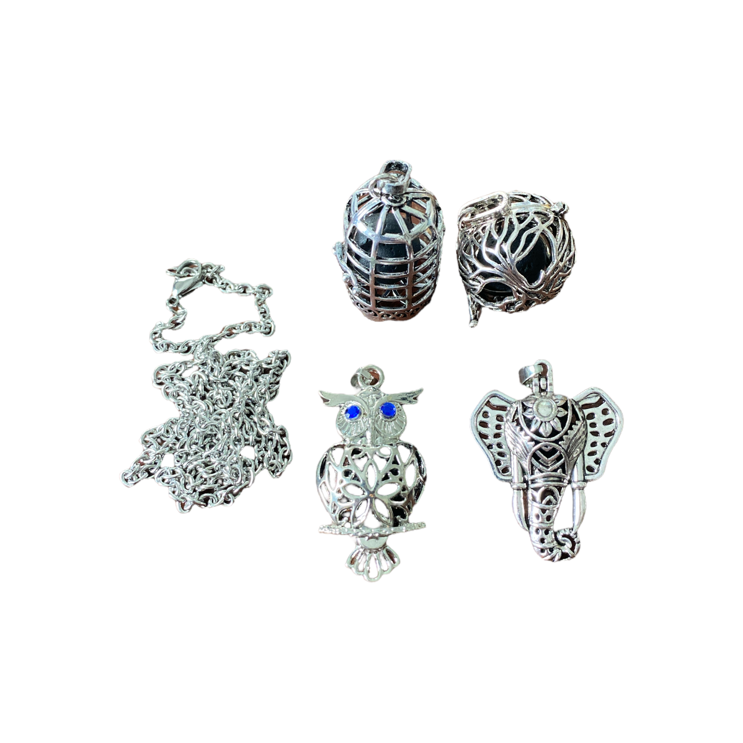 Aromatherapy Essential Oil Diffuser Necklace Set with Owl Elephant Birdcage Tree Pendants