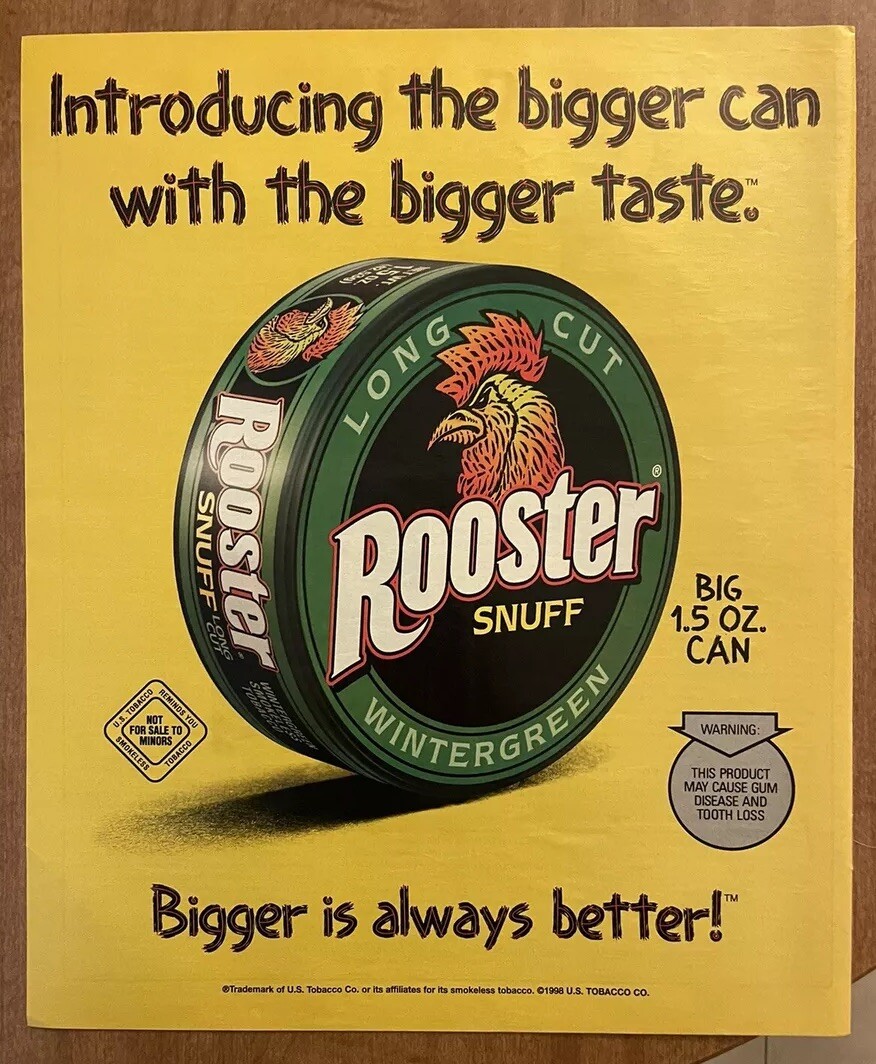 1998 Rooster Snuff Long Cut Wintergreen Tobacco Bigger Can Pop Art