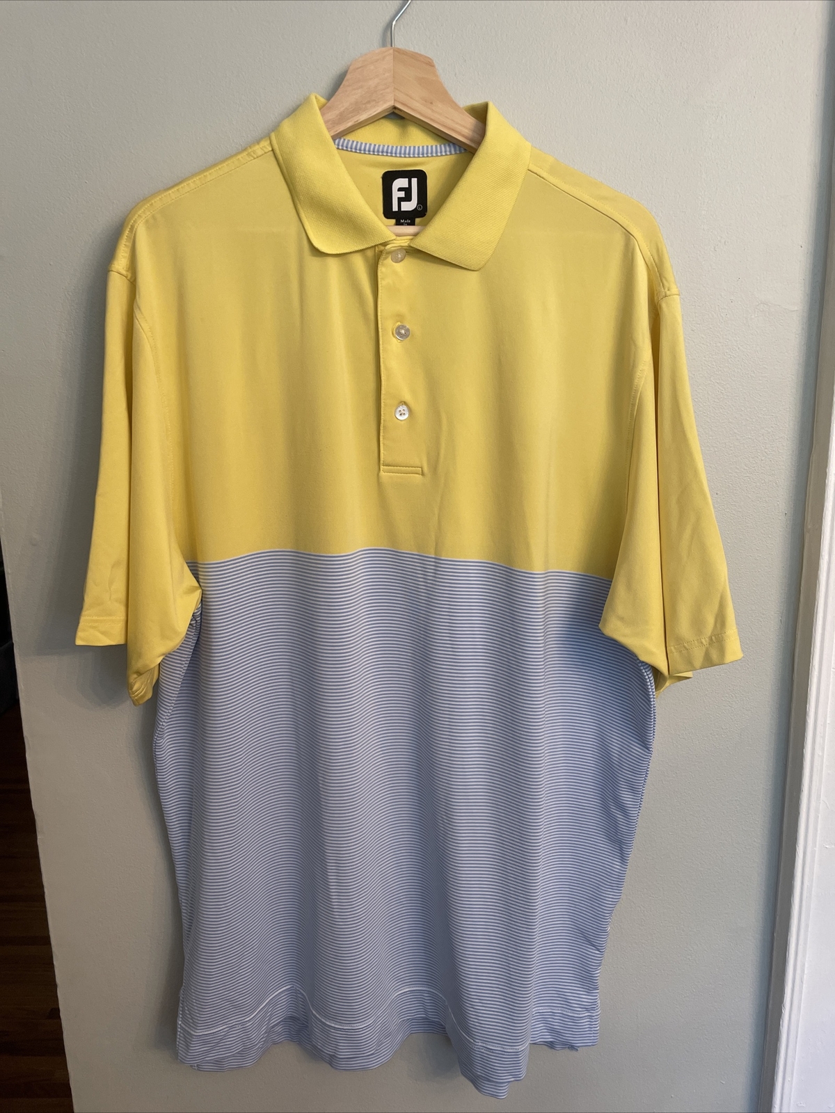 FootJoy Polo Shirt Mens SZ Large Yellow Blue Striped Collared Casual