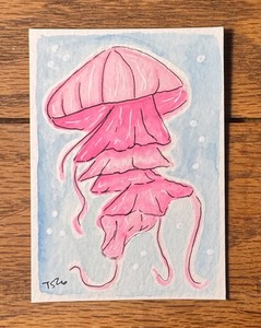 ACEO Original, Pink Jellyfish, Watercolor Painting, 2.5x3.5