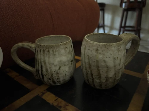 Handmade Stoneware Mugs Set of 2 Grey Brown Gen Signed Pottery