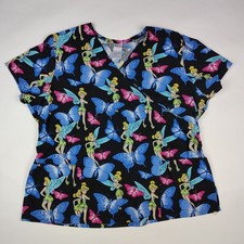 DISNEY Scrub Top Shirt Tinker Bell Women's Size XL Butterflies