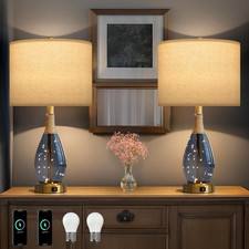 Set of 2 Blue Rattan Table Lamps with USB for Living Room  Bedroom