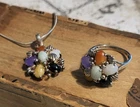 Vtg Multicolored Jade Cabochon Pendant With Chain & Ring Set 925 Sterling Silver