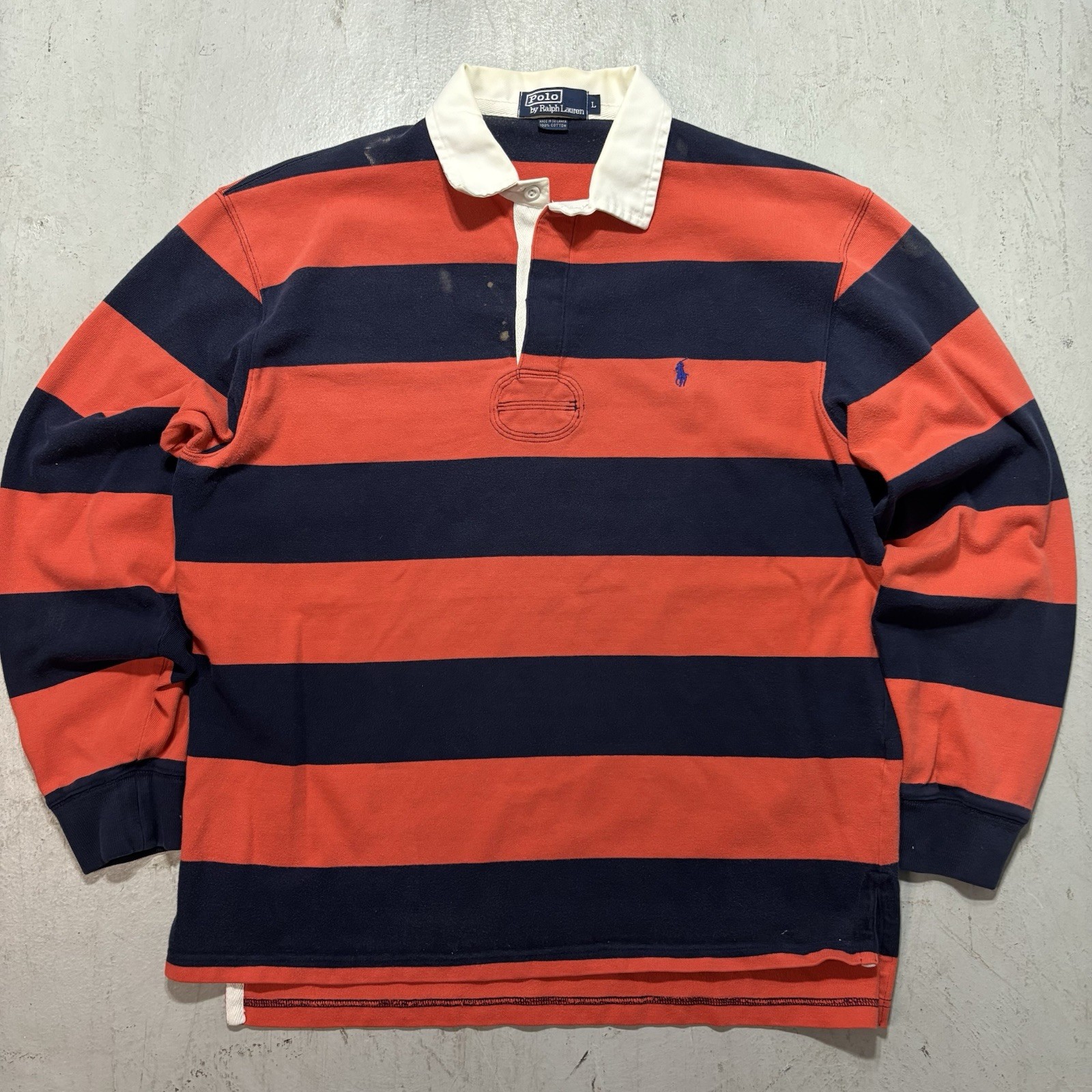 Vintage Mens Polo Ralph Lauren Quarter Button Striped Red Rugby Shirt Size L