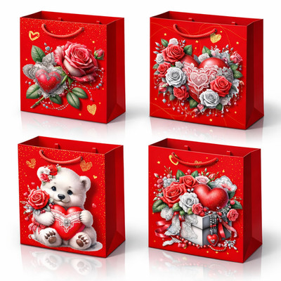RHP 3D Geschenktüten 12er Pack   Rot mit Rosen & Herz Motiven, Med. 23x18x10 cm